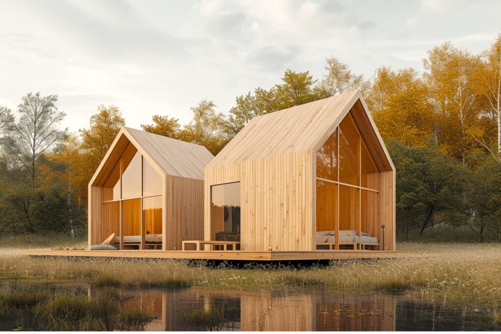 Casa de madera moderna con grandes ventanales en entorno natural, ideal para vivienda prefabricada o alojamiento sostenible.