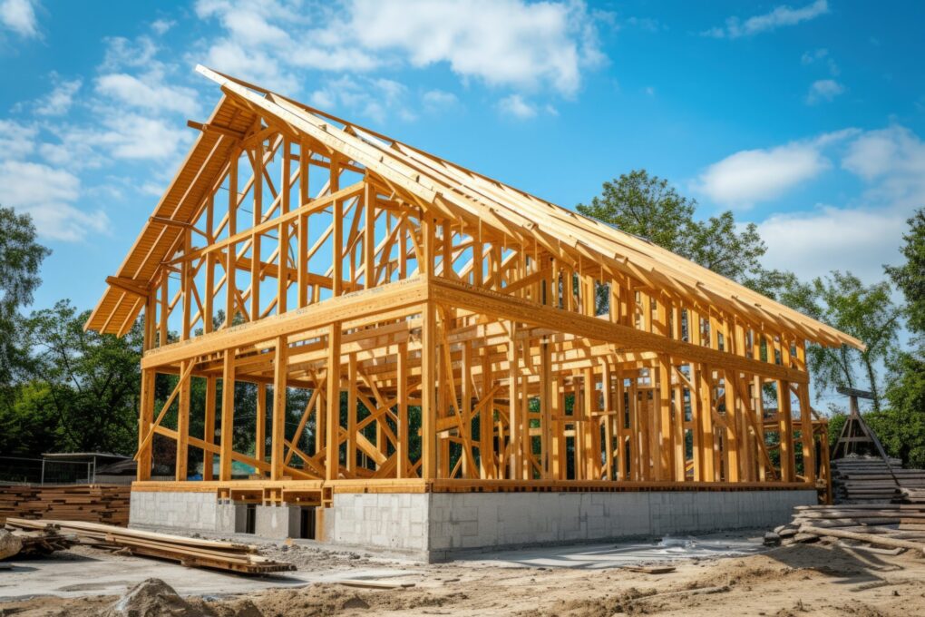 Estructura de casa de madera en construcción con entramado de madera y cubierta inclinada para vivienda prefabricada.